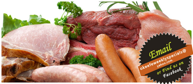 A Variety of Meat Cuts including pork chops, steak, sausage, hot dogs, etc.